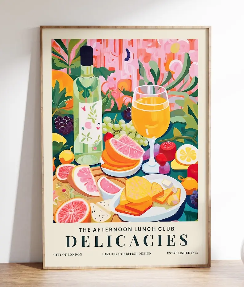Fruit And Wine Print, Dinner Table Art, Kitchen Wall Poster, Colourful Posters, Still Life, Gift For Food Lover, Fun Bar Decor