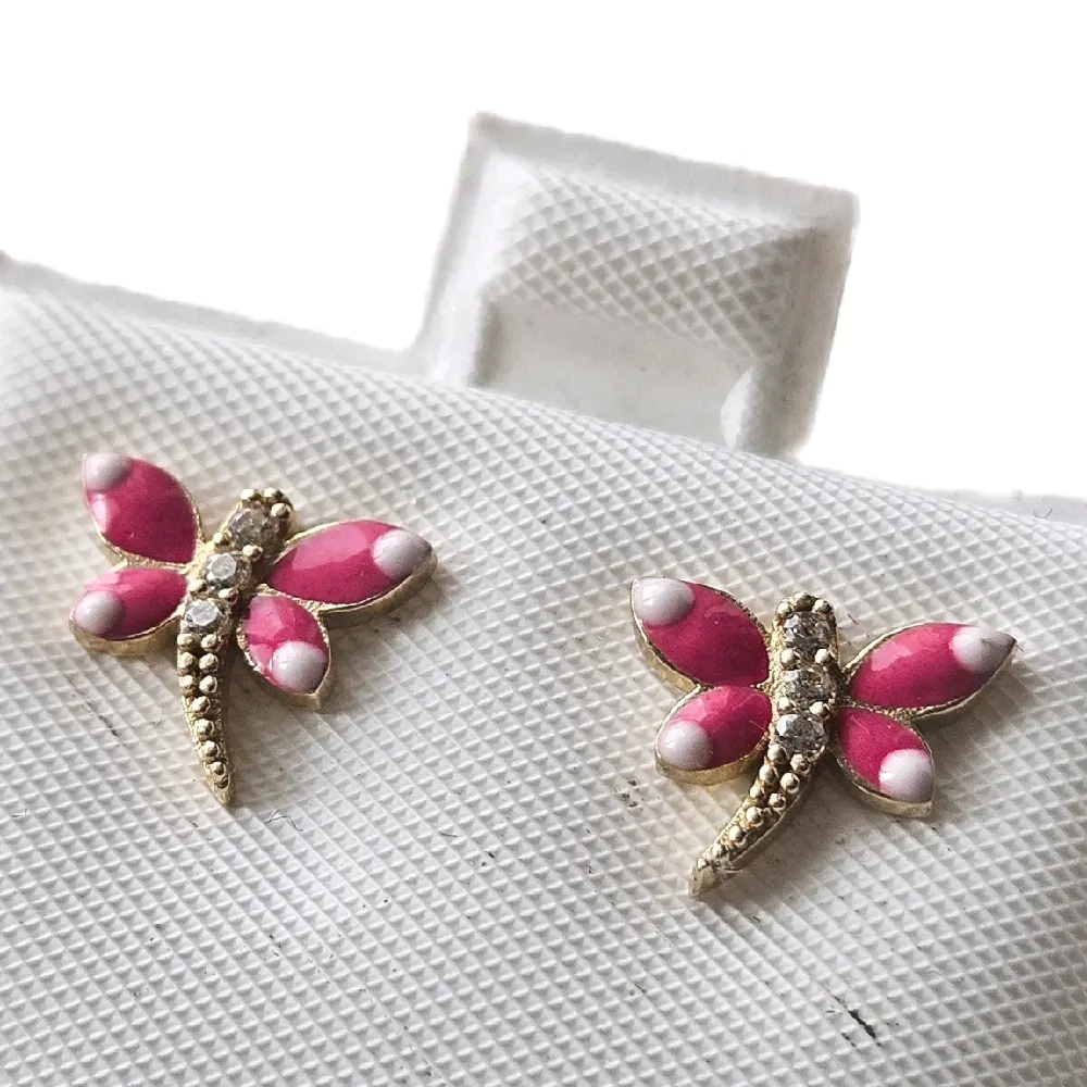 14kt Gold Pink Dragonfly Earrings with Sparkling Detailing and Colorful Design
