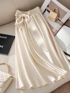 Women's Elegant Chic Satin Midi Skirt Bottom, Loose-Fit A-Line Design, Bow Tie Waist Detail, Spring & Fall Fashion, Woven Fabric, Womenswear, Formal Elegant Skirt
