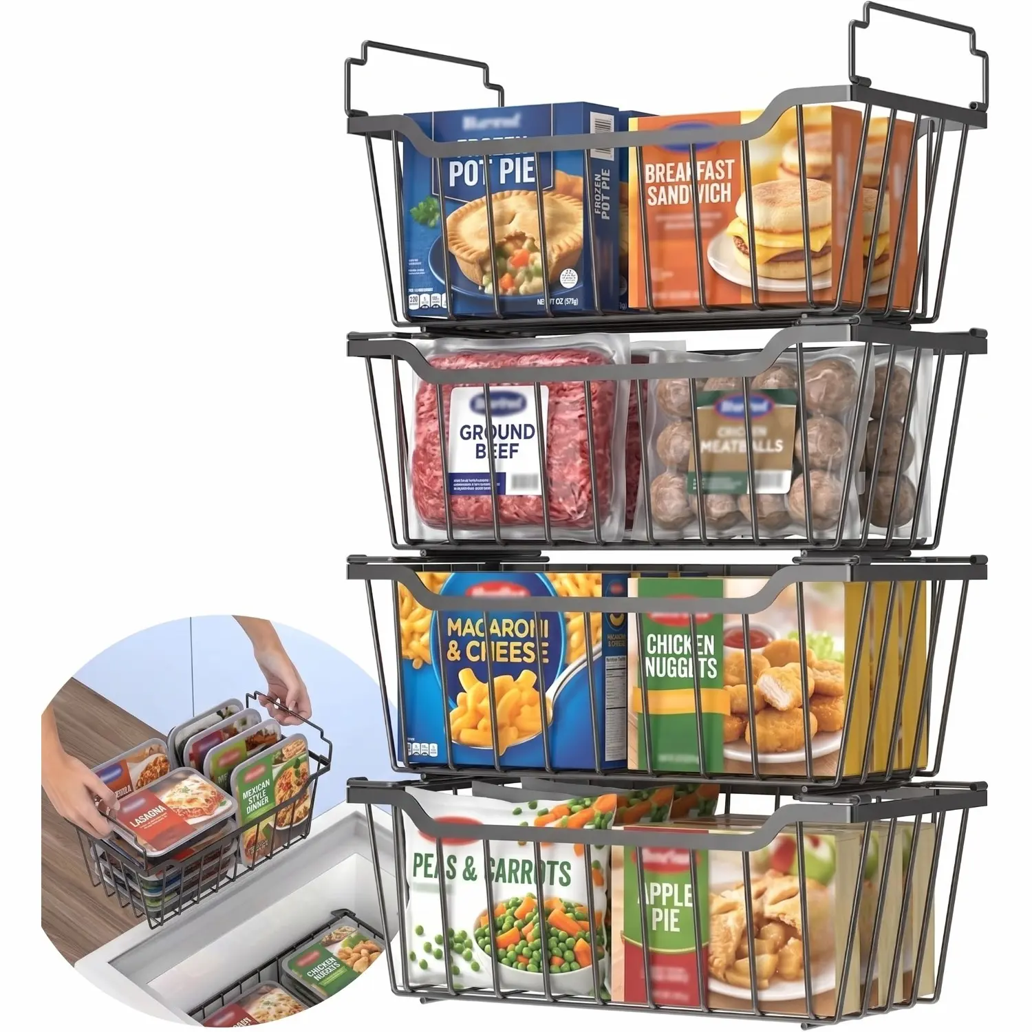 Freezer Organizer Bins, 4/6/8/12/16 Pack Stackable Deep Chest Freezer Organizer Bins, Foldable Baskets with Handles, Black Storage Container Baskets for 5/7 Cu.Ft Deep Freezer Sorting Frozen Meats, Shelf Baskets