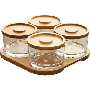 Chip and Dip Serving Set with Bamboo Tray 4 Slots Small Glass Dipping Bowls with Lids for Snack Candy Fruit Nut Condiments Salsa Dessert