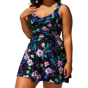 Women's Plus Size Floral Print Swim Dress, V-Neck Twist Front A-Line Tummy Control One-Piece Bathing Suit for Beach Vacation 2026