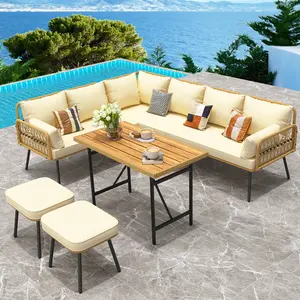 6-Piece Patio Sectional Sofa Set – L-Shaped All-Weather Wicker Conversation Set with Cushions and Plastic Wood Dining Table – Boho Rattan Outdoor Furniture for 8 – Ideal for Backyard, Garden, Porch, Balcony