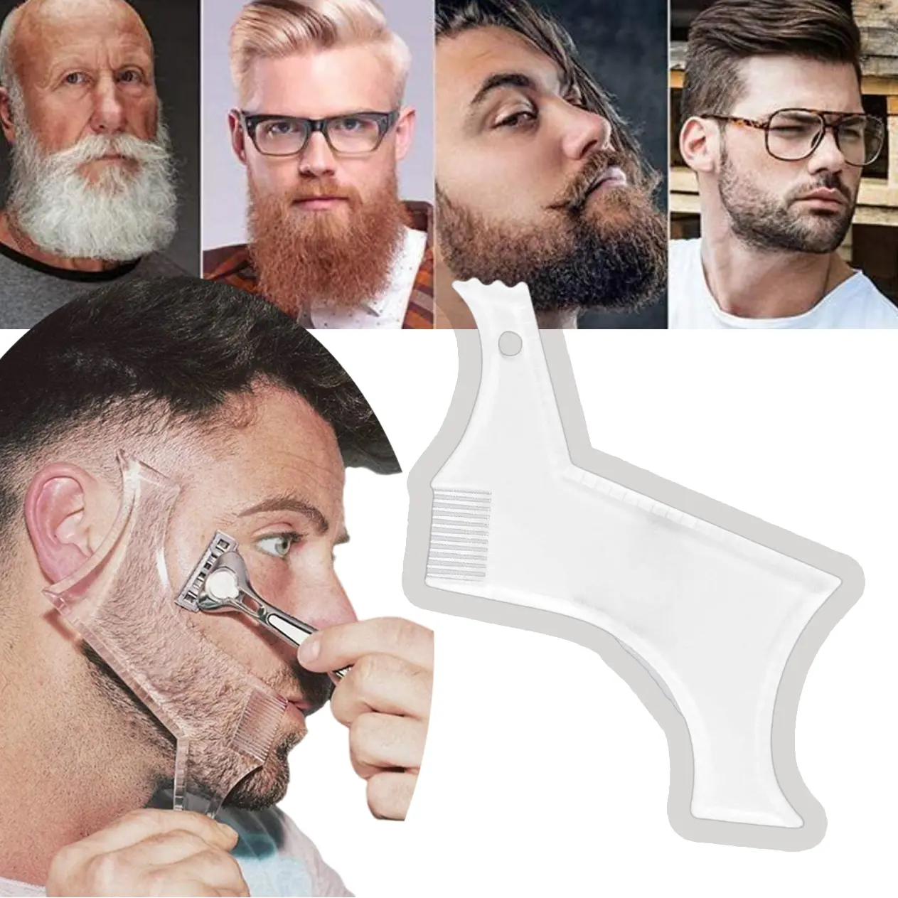 2Pcs Transparent Beard Shaping Tool with Built-in Comb, ABS Facial Hair Styling Template, Multi-Style Symmetric Curve Step Cut Guide for Mustache Goatee Sideburns Jaw Neck Line Trimming