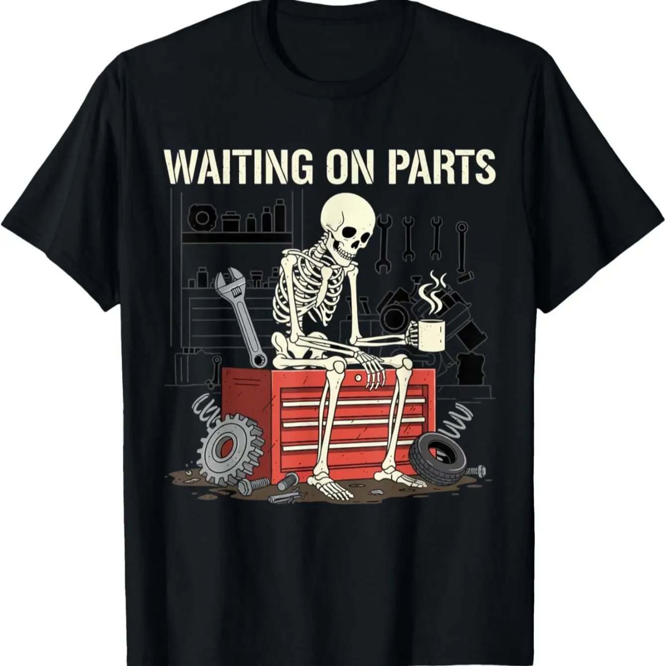 Men's Graphic Mechanic Crew Neck Top - 'Waiting for Parts' Skeleton Print, Soft Classic Fit, Casual Short Sleeve, Breathable Lightweight Fabric, All-Season Streetwear Apparel (Size M)