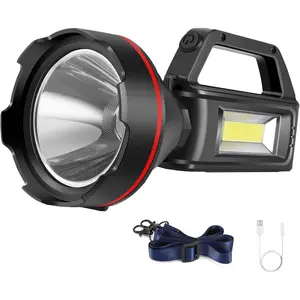 Rechargeable Spotlight Flashlight, High Lumens Handheld Spotlight,LED Searchlight with Shoulder Strap and USB Output for During Hurricane,Emergency, Storms, Outages,Hunting, Hiking, Camping(Black1)