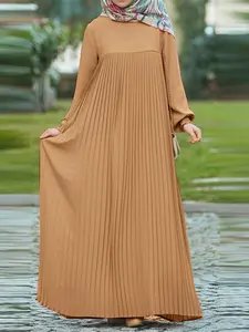 Women's Plain Long Dress, Lantern Sleeve Pleated Design, Modest Style Dress, Casual Loose-Fitting Woven Fabric, Perfect for Daily Commuting
