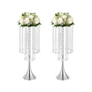 2pcs Crystal Silver Centerpieces For Tables - 21.9'' Tall Chandelier Centerpiece Flower Vase With Beads, Elegant Centerpiece Table Decorations For Wedding, Banquet, Party Decor