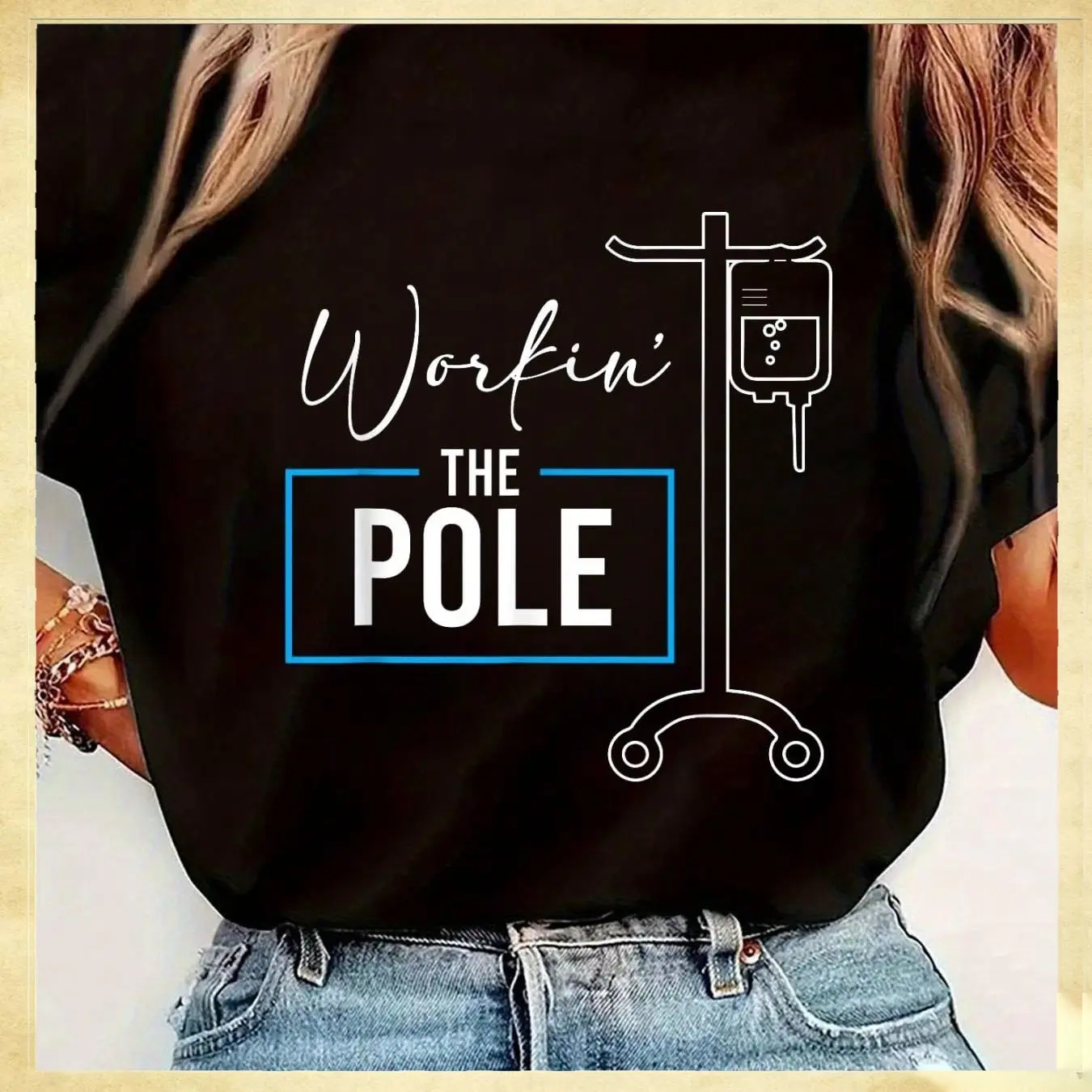 Nursing Nurse Funny Workin The Pole IV Stand T-Shirt Womens Round Neck Short Sleeve T-Shirt Fashion Graphic Tees Women T