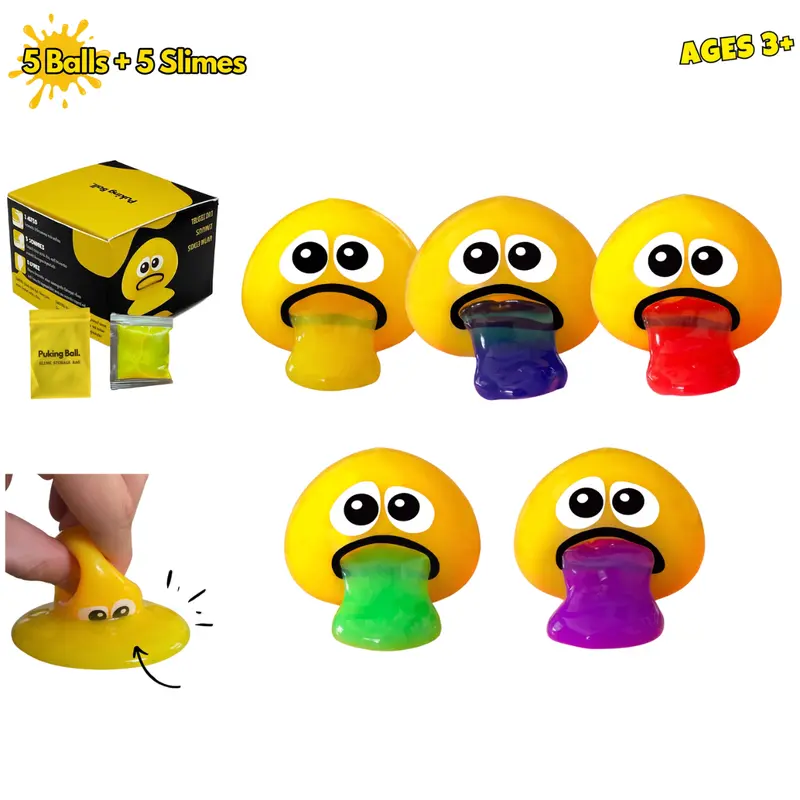 Puking Ball - 5 Pack, Patented, Non-Toxic, Fidget Toy, Stress Ball with Bright Slime, Ages 3+, Squishy Maker, Squeeze Machine