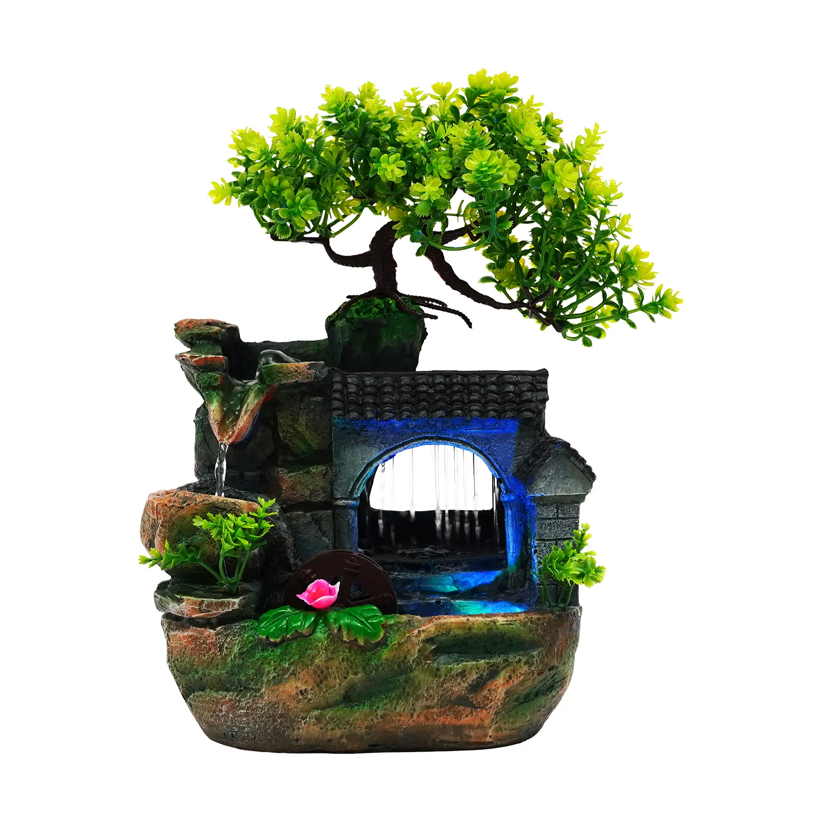 Handmade Modern Resin Mini Fountain with LED Lights & Aura Effect, 7.87*5.9*11.81in, 2.87lbs, Compact Home Supplies Decor for Desktop Stress Relief & Bathroom Sink, AC 120V 60Hz, Mother's Day Gift for Plant Lovers