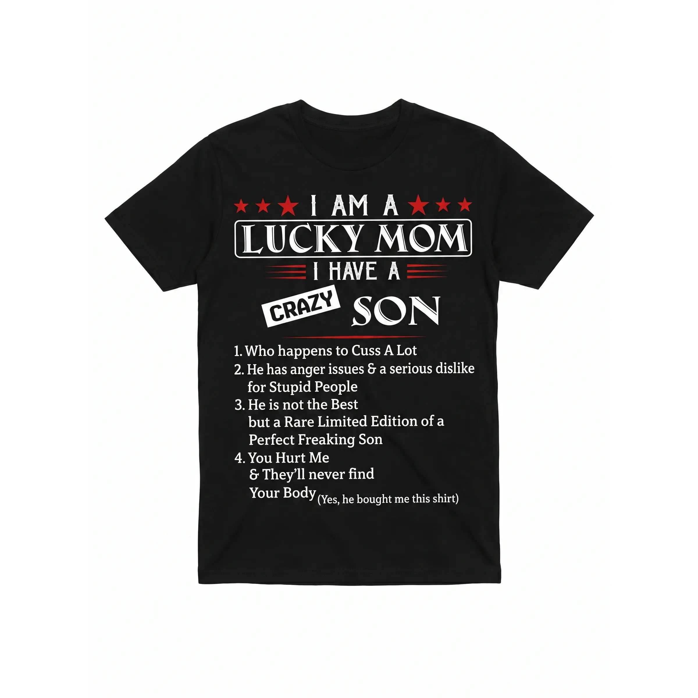Women's Short-Sleeve Streetwear T-Shirt - Lucky Mom Top with Soft Fabric, Mother's Day/Birthday Gift from Crazy Son, Mom Life Apparel