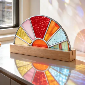 Bohemian Colorful Glass Sunset Ornament, Wooden Base Handmade Sun Decor, Living Room Entry Table Home Decoration, Perfect Gift
