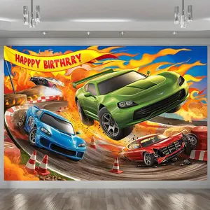Modern Farmhouse 1pc Happy Birthday Race Car Party Banner - Vibrant Amber Glow Polyester Backdrop with Green & Blue Sports Cars, Flames, and Checkered Flag Design for Indoor Wall Decor, Perfect for Youngsters' B
