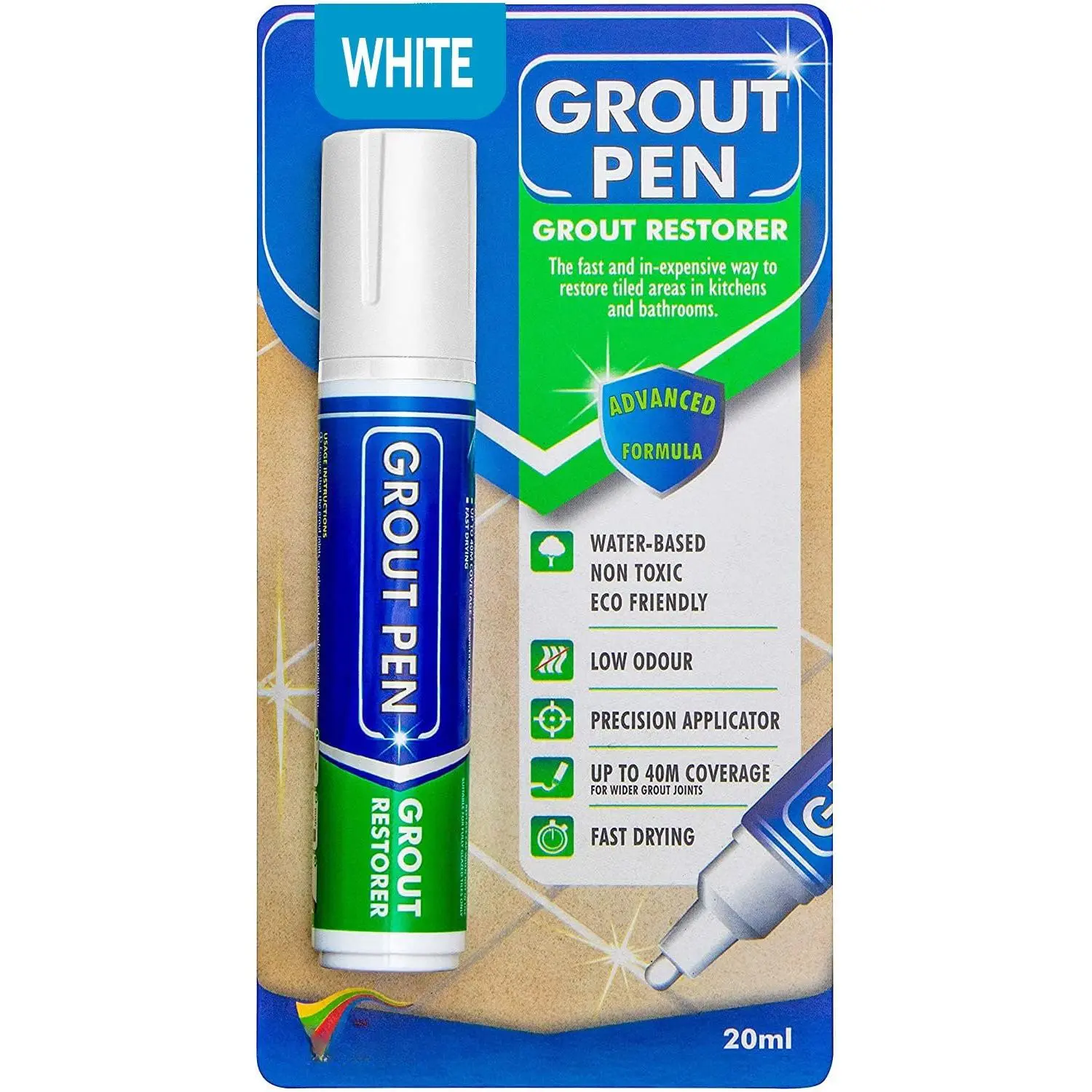 Grout Pen White Tile  Marker:  Grout , Tile Grout Colorant and Sealer Pen - White, Wide 15mm Tip (20mL)