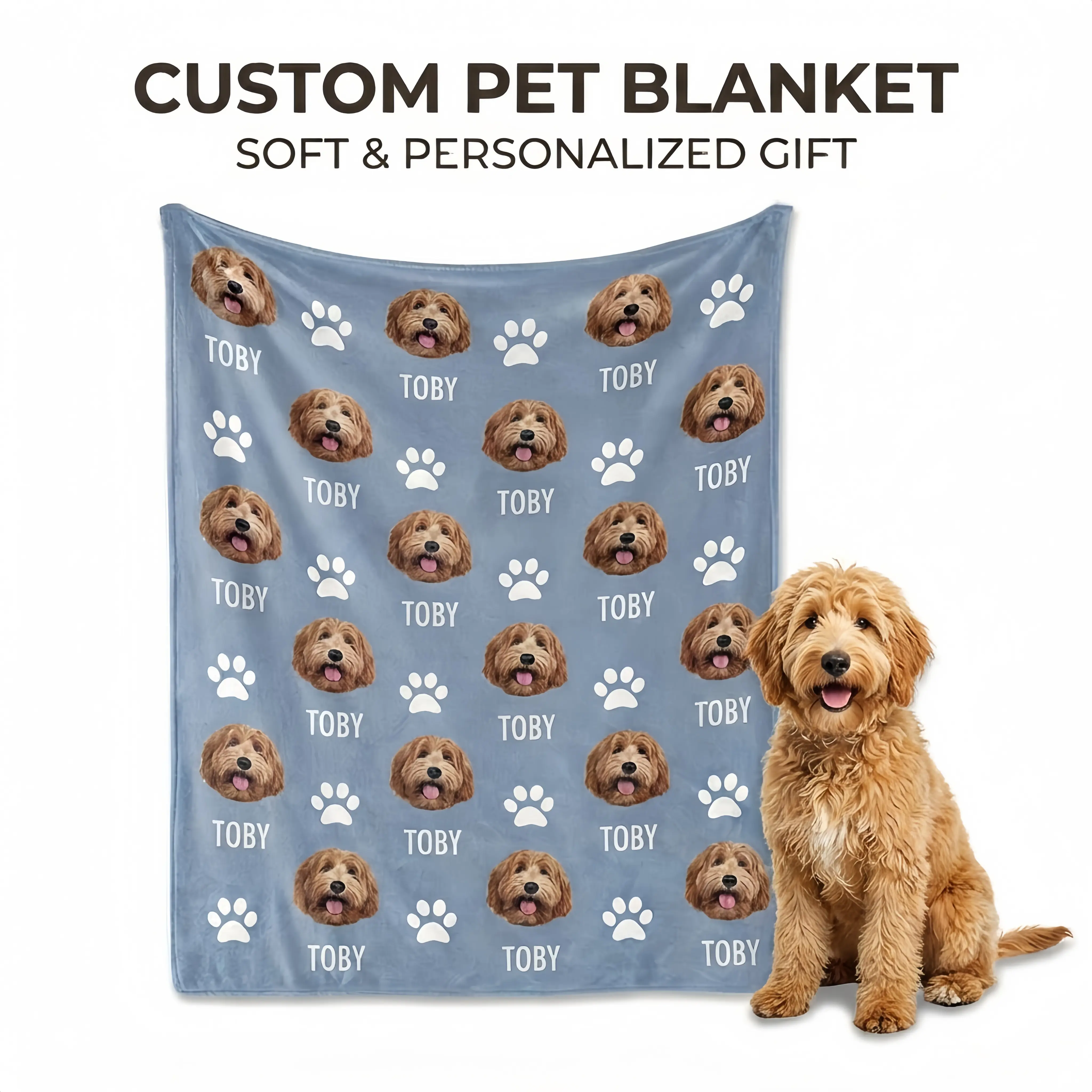 StellarPaws Personalized Dog & Cat Blanket - Customizable Design, Custom Pet Photo Throw with Name, Repeating Animal Faces & Paw Prints, Antipilling Flannel, All Seasons, Style 3, Pet Parent Gift