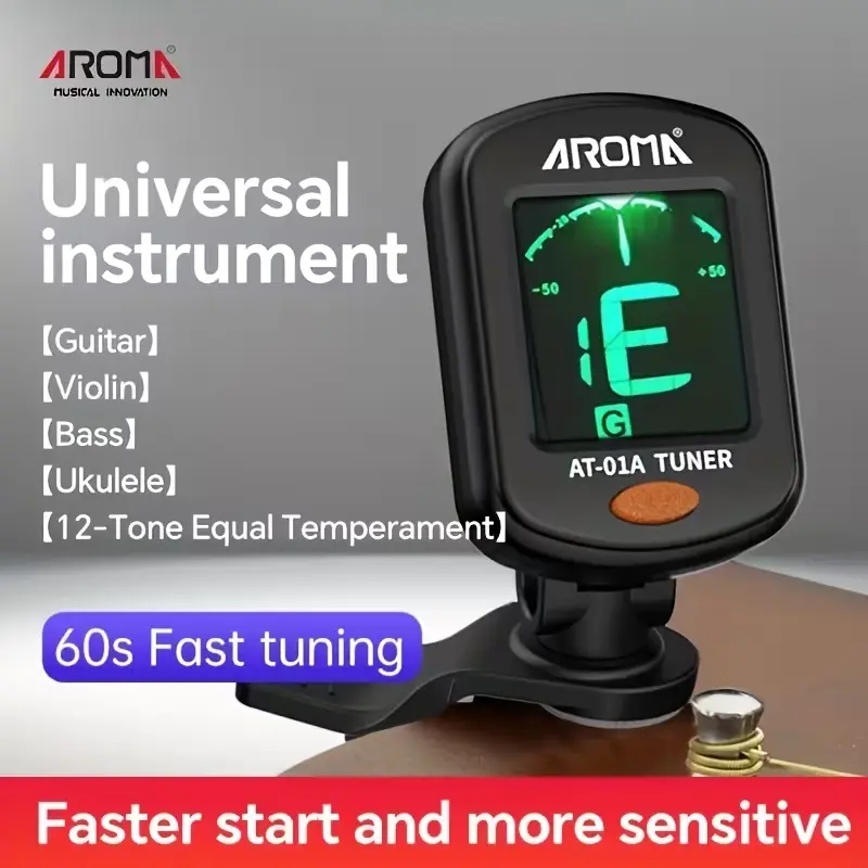 1set clip on guitar tuner set with 360 ° rotating design | AT-01A with LCD display | Includes 5 cel picks (random color) | Suitable for guitar, bass, ukulele, violin, multi instrument tuner, LCD display tuner, beginner musician, student