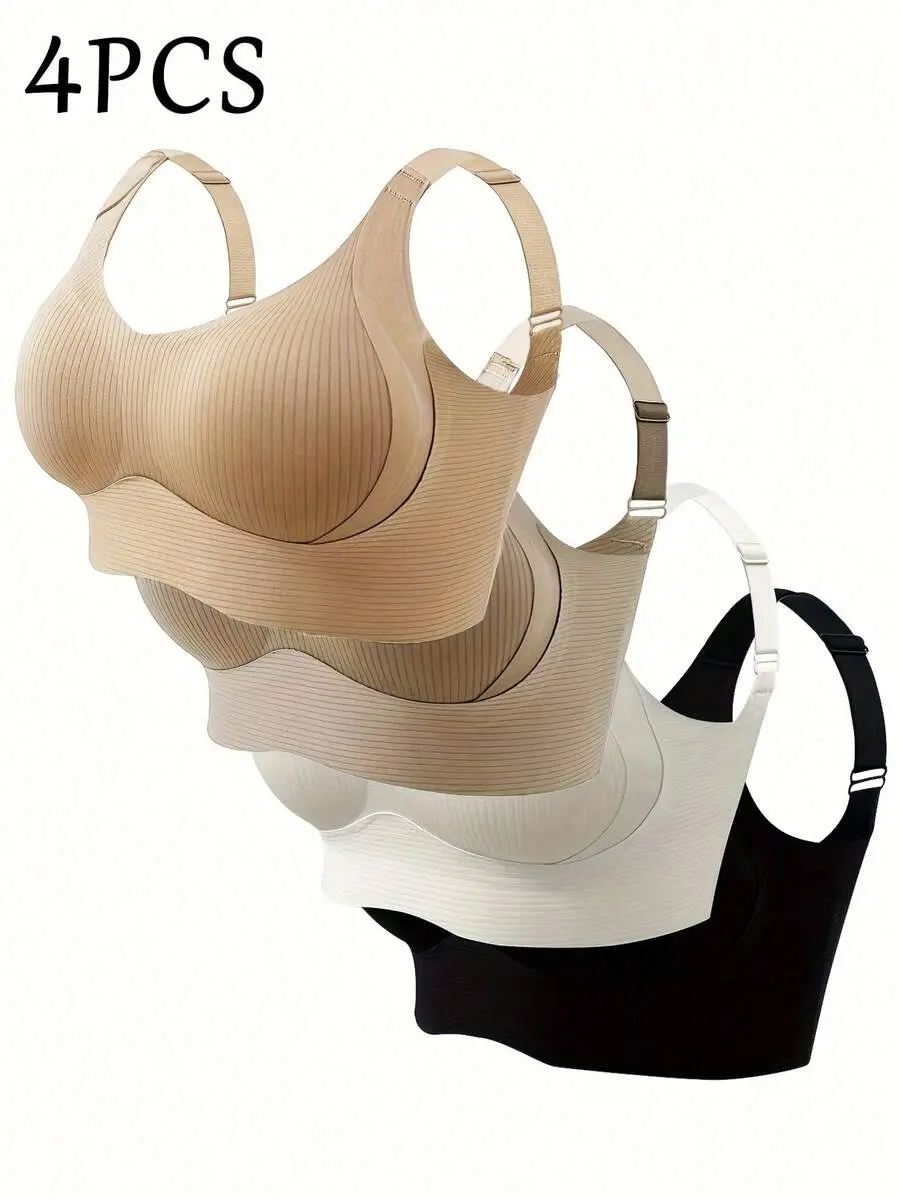 4-Piece Plus Size Bra, Breathable Wireless Sports Bra For Women - Full Coverage Design, Anti-Slip Material, With Lifting And Support Functions, To Wear, Details, Made Of Nylon And Elastic Fiber Blend, Hand Wash.Solid Color Design