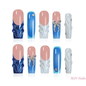 XGVnails French 3D Summer Blue Ocean Set 10PCS Handmade Press-On Nails REUSABLE GEL /Acrylic 2025