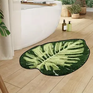 Tropical plant style Monstera deliciosa bathroom decorative mat plush thickened special-shaped carpet natural fresh shades of green leaves bedroom bedside plush carpet simulated green plant Monstera shape living room sofa area non-slip floor mat