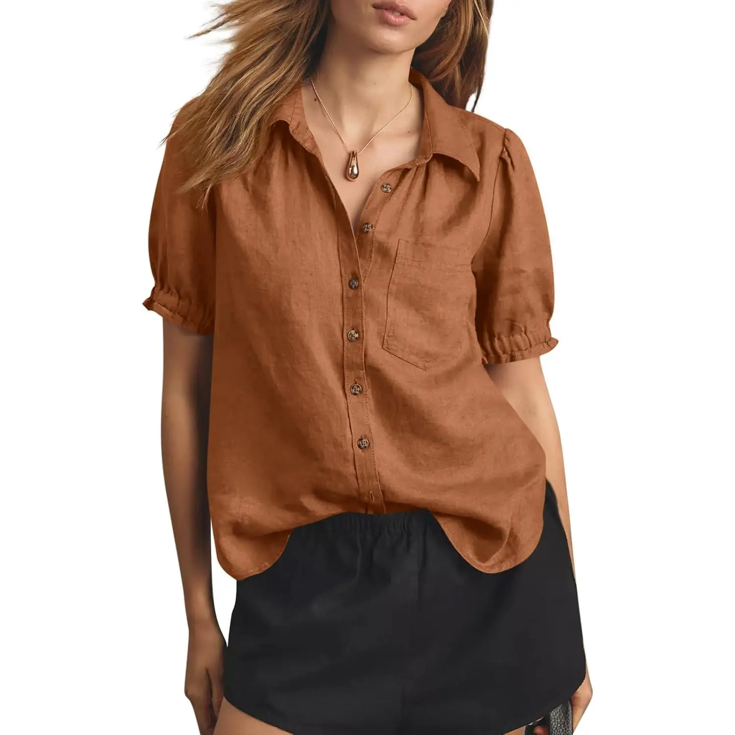 Lannew Womens Puff Short Sleeve Button Down Shirts Summer Casual Collared V Neck Blouse Linen Loose Fit Work Tops