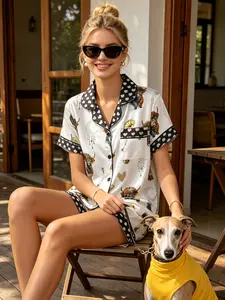 Women's 2-Piece Pajama Set, Casual Fitted Sleepwear, Loungewear, All-Over Print, Short Sleeve Cardigan & Elastic Shorts, Four-Season Wear