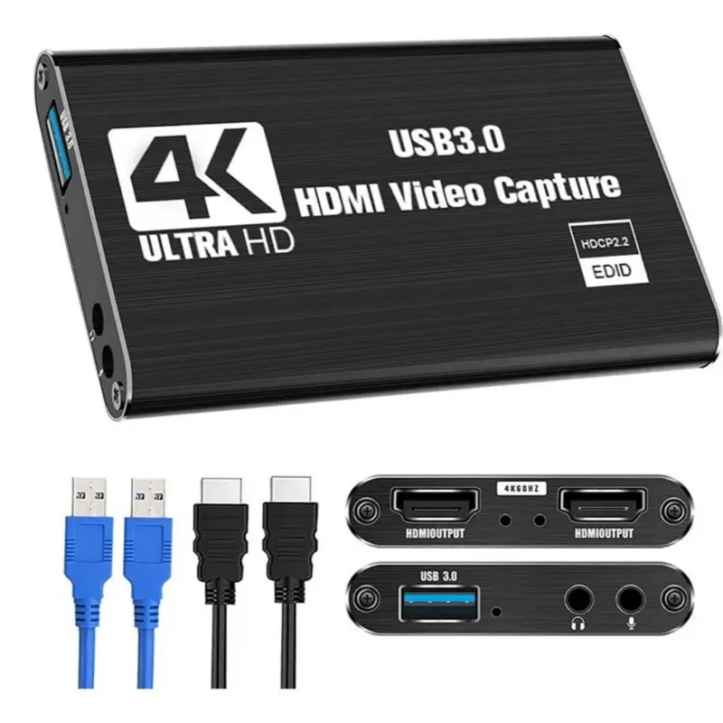 4K Ultra HD Video Capture Card with USB Cable, Compatible with HDMI and DisplayPort, Ideal for 4K Video Recording and Editing