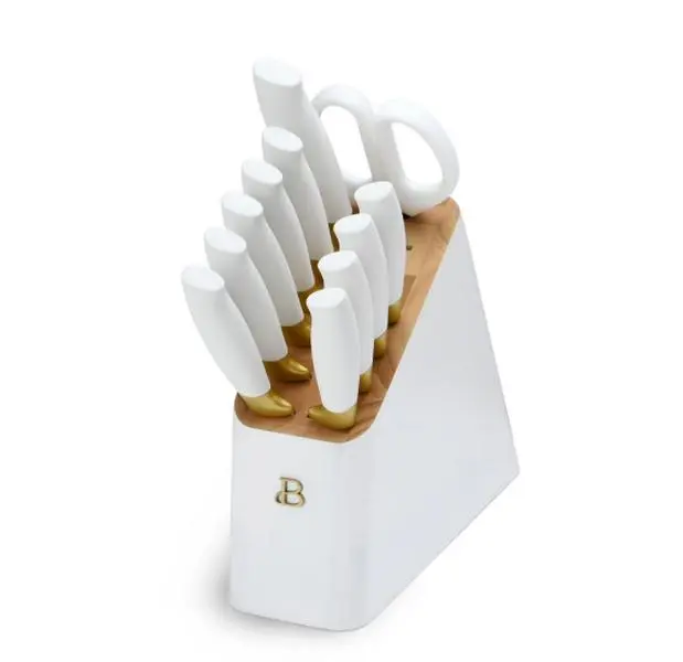 Beautiful 12 Piece Knife Block Set with Soft-Grip Ergonomic Handles White and Gold by Drew Barrymore
