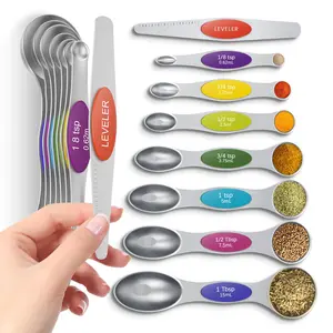 Stainless Steel Metal Magnetic Measuring Spoons Set of 9 with Leveler, Heavy Duty Nesting Teaspoon & Tablespoon Measuring Spoons, Kitchen Gadgets for Baking & Cooking - Multi-Color