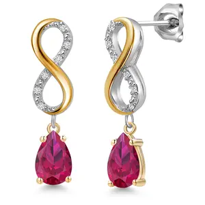 925 Silver and 10K Yellow Gold Red Created Ruby and Lab Grown Diamond Dangle Earrings for Women | 2.16 Cttw | Gemstone July Birthstone | Pear Shape 8X5MM