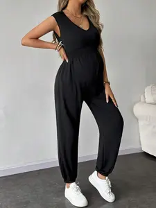 Maternity Jumpsuit - Solid Color, Sleeveless, Casual - Comfortable Daily Wear for Pregnant Women