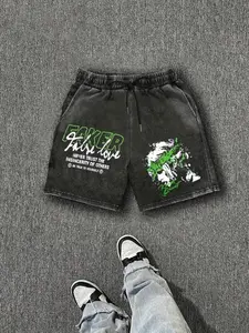 Gothic Trendy Dark Aesthetic Graphic Star Skull Shorts, Graphic Print Shorts, Main Color, Drawstring Waist Detail, Loose Comfort Fit, Street Style Bottoms