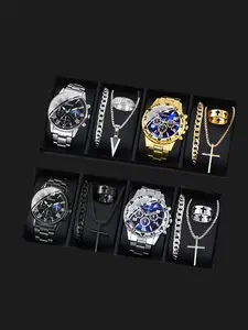 [Men's Quartz Watch] 16 piece set, men's watch, 4-piece fashionable men's watch multi-color combination quartz men's watch set simulation watch set and 12 piece men's bracelet+necklace+ring jewelry set - Christmas, Halloween gift, men's watch