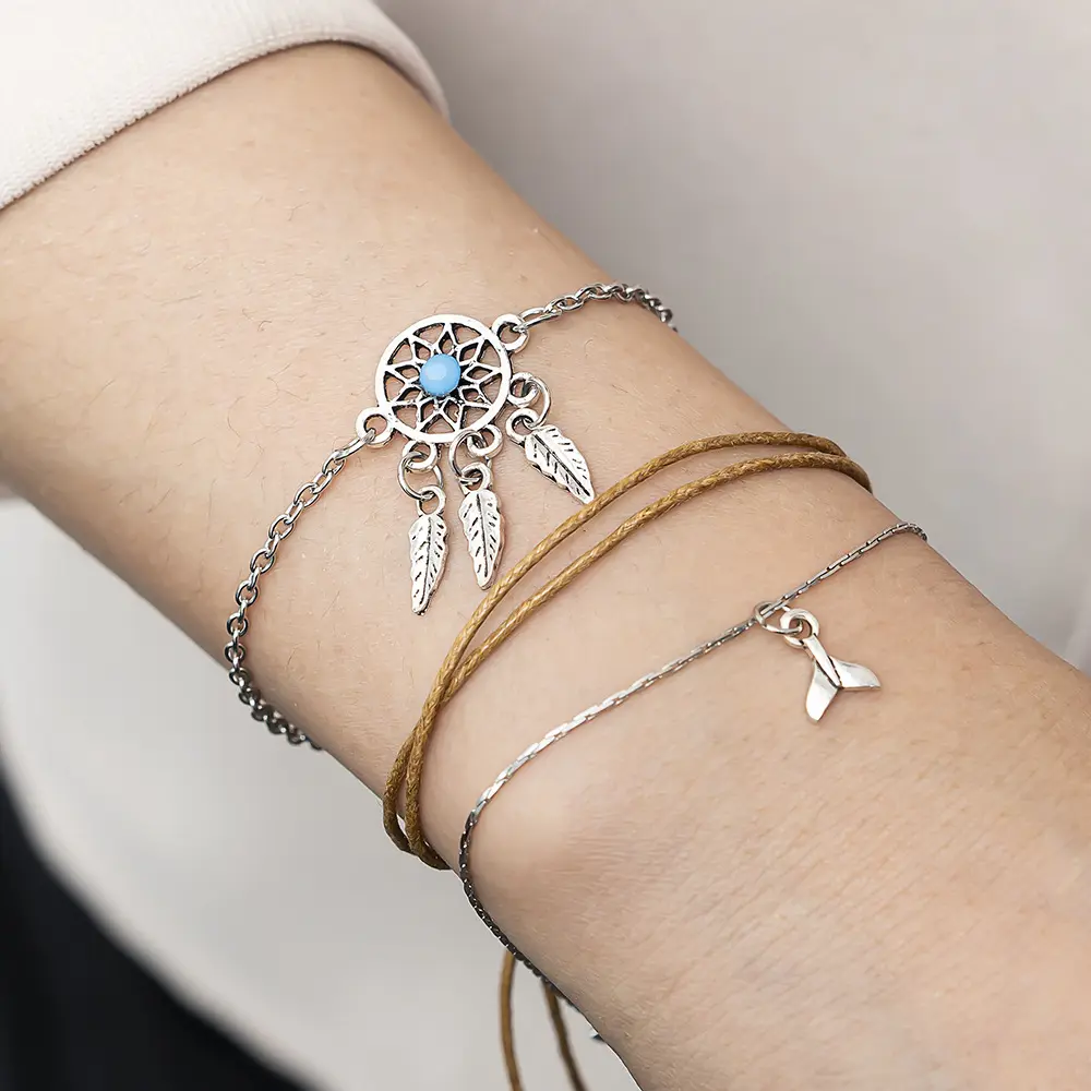 Vintage-style personalized leaf, fish tail, and turquoise hollow-out 3-piece bracelet set