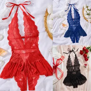 Women's Solid Color Lace Sexy Lingerie Bodysuit,Crotch Dress,Floral Embroidery Teddy Bodysuit with Backless Open Crotch,Irregular Erotic Sexy Nightgown,French Style Soft Comfy Deep V Neck Backless Bodysuit for Daily Wear,Soft Breathable Lingerie
