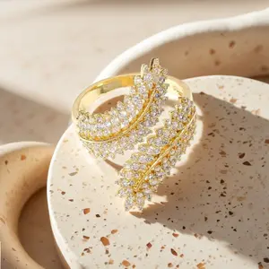Copper Inlaid Zircon Open Ring Olive Branch Leaf Wheat Spike Full Diamond Personality High-end Feel Ring