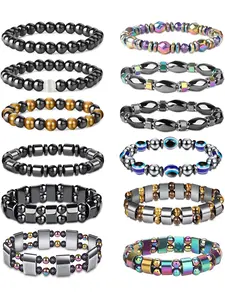 Cool 12 Pcs Colorful Hematite Magnetic Bracelets Trendy Beads Stackable Bracelets for Men Women Diverse Tiger Eye Rainbow Beaded Stone Bracelets Set