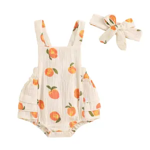 Baby Toddler Girls Summer Romper 6 12 18 24 Months Peach Print Sleeveless Square Neck Side Tiered Ruffled Jumpsuit with Bow Headband