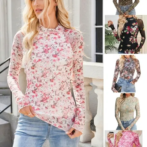 Women's Mock Neck Lacy Long Sleeve Mesh Blouse - Sheer Floral Pattern, Gothic Chic Aesthetic, Light Summer Top, Layering Outfits, Going Out, Long Sleeve Tops Women, Lace Detailing Blouses & Shirts