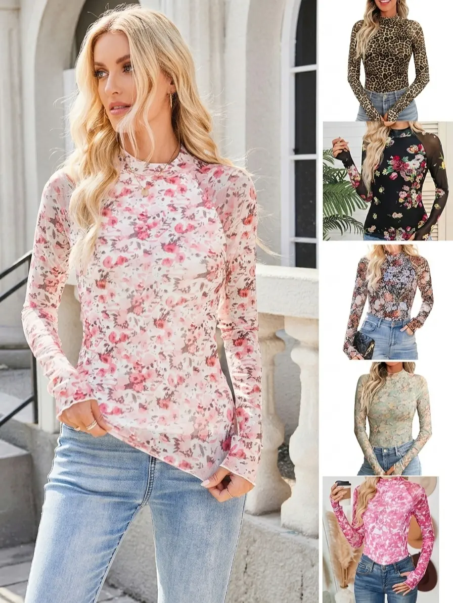 Women's Lace Long Sleeve Mesh Top Mock Neck Sheer Blouse with Floral Pattern for Layering & Stylish Outfits Gothic Chic Elegant Summer Shirts Light