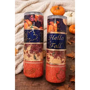 Hello Fall 20oz Skinny Glitter Tumbler – Autumn Pumpkin & Floral Epoxy Stainless Steel Cup with Gold Foil Accents