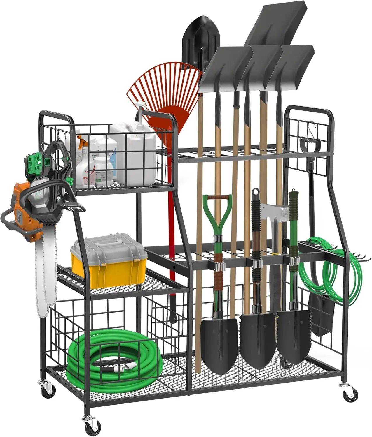 Rengue Large Garden Tool Organizer 3 Tier Yard Tool Rack with Slots & Hooks, Heavy Duty Metal Shelf Yard Tool Holder, Utility Stand Rack for Garage Or