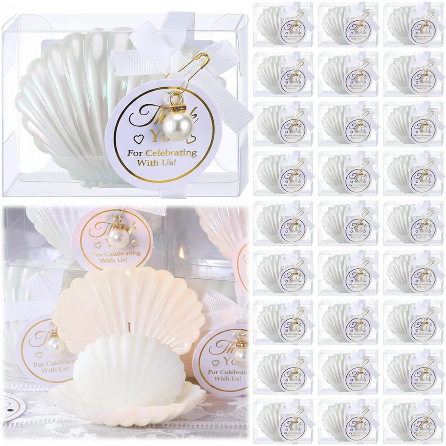 30 Sets Seashell Candle Wedding  Favors Scented Candles with Clear Plastic Box, ,  Tag, Ribbon Beach Wedding Party Favor Thank You Gifts for Guest Bridal Shower (White Ribbon)