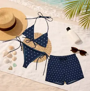 Sweetheart Vibes Navy Blue Matching Couples Swimwear Set, Bikini & Men’s Swim Shorts, Romantic His Hers Beach Vacation Outfit, Summer Coastal Beachwear Gift