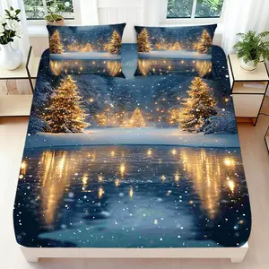 2/3 Pcs 2D Flat Christmas Themed Fitted Sheet Set Snowy Christmas Trees Bedding Set Quilt Cover 1 Fitted Sheet + 1/2 Pillowcases Festive Winter Wonderland Top Sheet Decorative Bedding Bedroom Decor