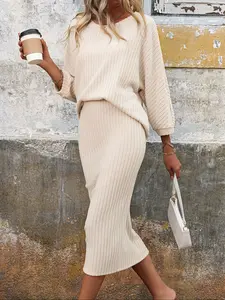 Women's Casual Batwing Sleeve Ribbed Waist Fitted Striped Top & Straight Tube Skirt Set, 2 Piece Outfit for Daily Wear