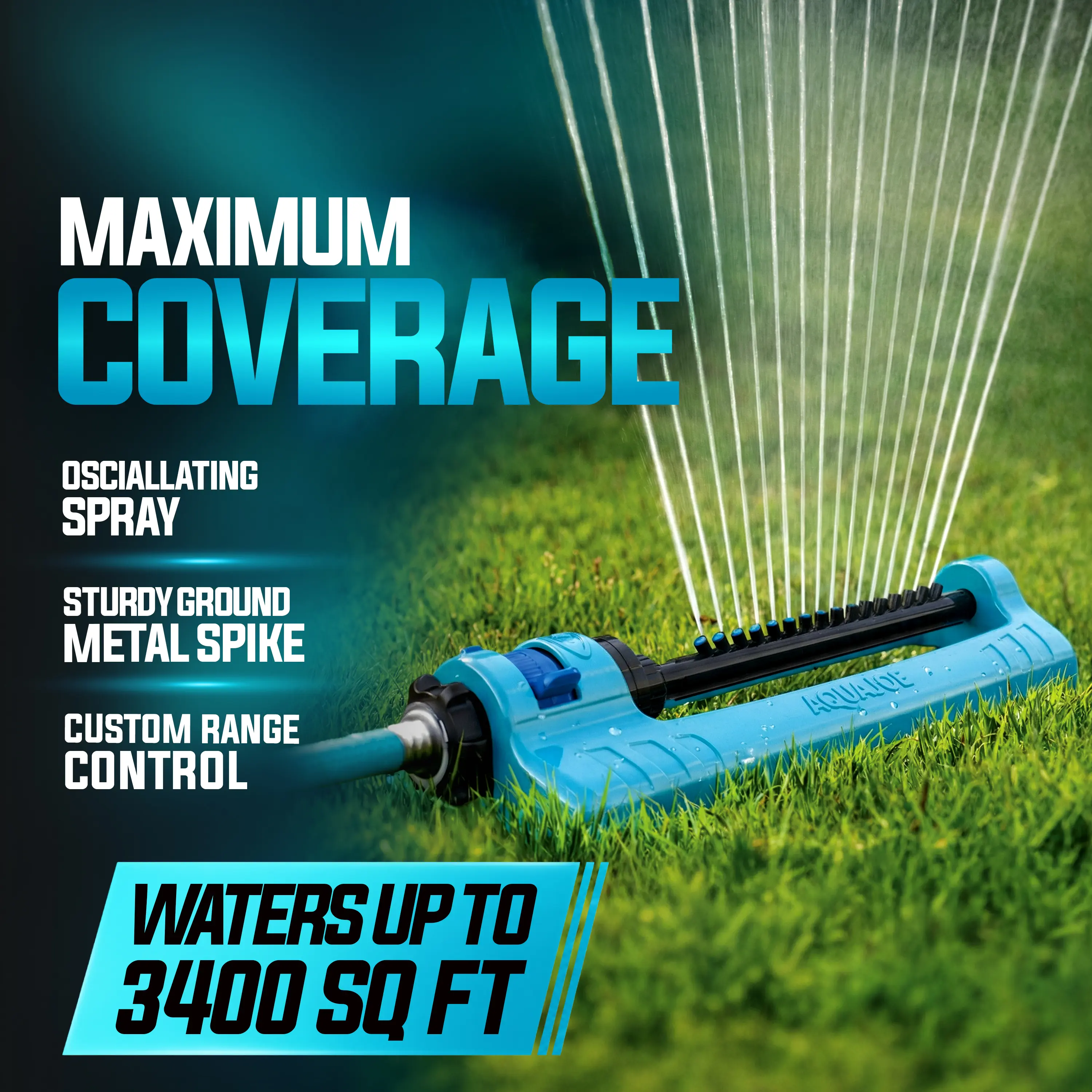 Aqua Joe Automatic Oscillating Lawn Sprinkler with Metal Ground Spike - Adjustable Spray Position, 3,400 Sq Ft Max Coverage for Lawn and Garden Watering Needs, Oscillating Lawn Sprinklers Adjustable, Automatic Oscillating Sprinkler