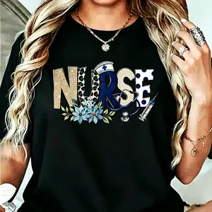 Women's Nurse Style Printed Short Sleeve T-Shirt- Round Neck Leopard Print Decorative Breathable Summer Top, Suitable For Nursing Professionals, Machine Washable, Soft Material