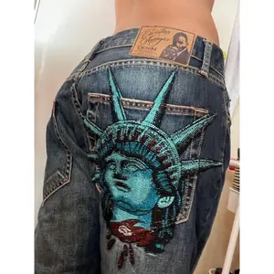 Y2k2000sStatueoflibertyDiamondsJeansCasualDenimPantsHighWaistStraightWideLegJeansHarajukuVintageWomenClothing Womenswear Bottom