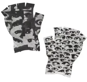 Y2K Unisex Soft Knit Full Finger Gloves, All-Seeing Eyes Graphic Print, Grunge Streetwear Aesthetic, Stretchy Winter Hand Warmers, One Size